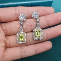 foydjew new luxury micro inlaid natural olivine earrings for women 925 silver olive green princess square diamond drop earring