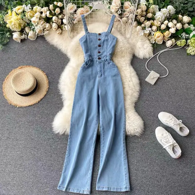 

2021 Summer Women Denim Overalls Fashion Jumpsuits Sleeveless Rompers Suspenders Jeans Loose Long Trousers Jumpsuit