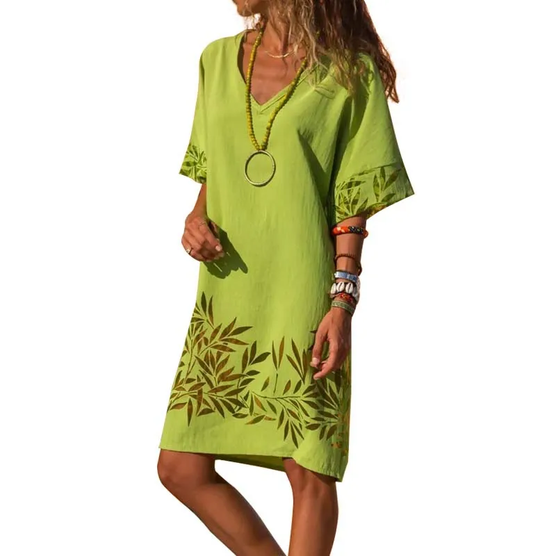 

Summer New Printed Short Sleeve Women Dress Casual Loose Waist Street Retro Sexy V-neck Plus Size Ladies Dress