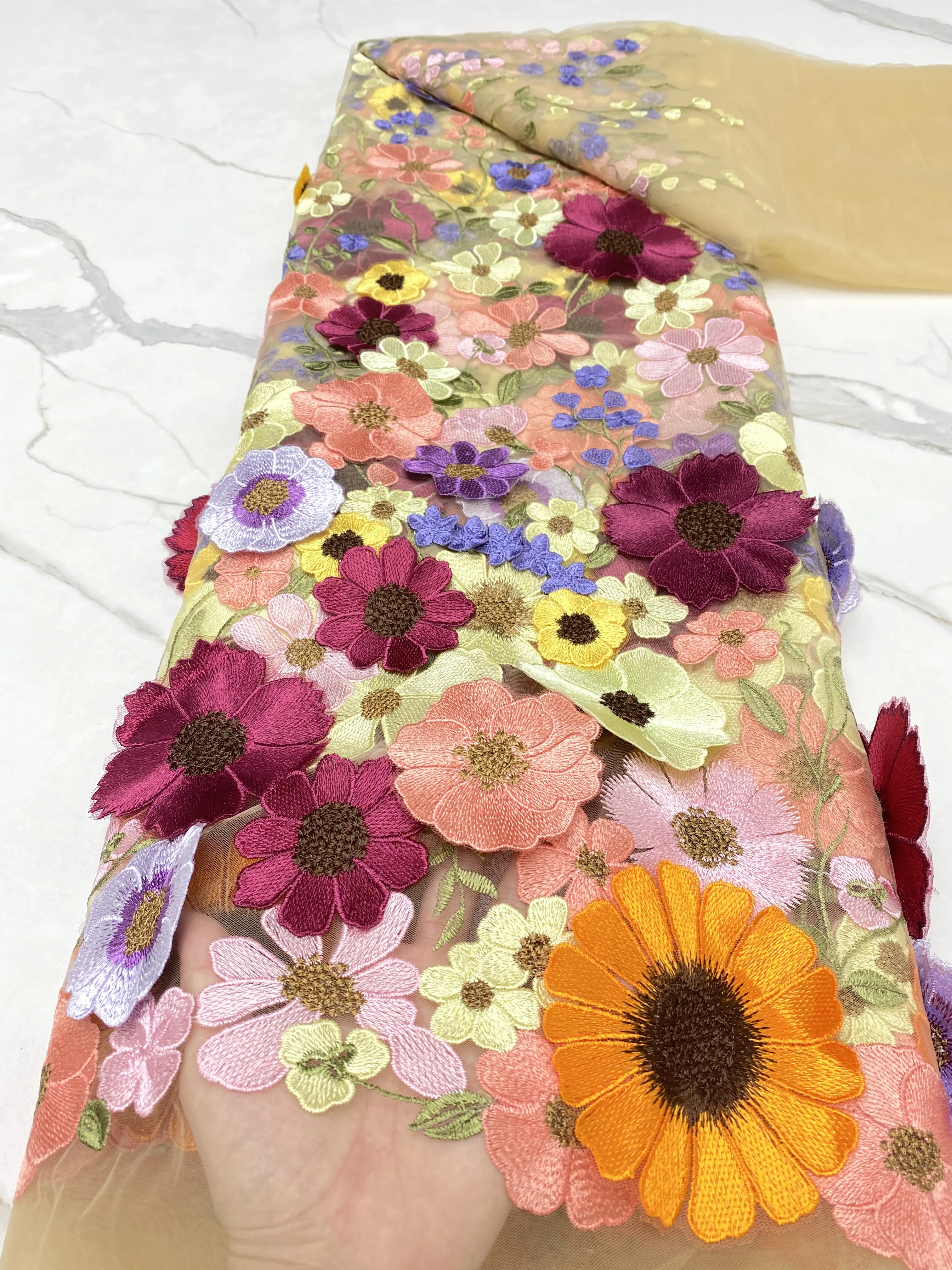 Tela de encaje de tul africano de alta calidad, tela de encaje bordado de flores 3D, blanco para fiesta, boda, 5 yardas, NI5726-0