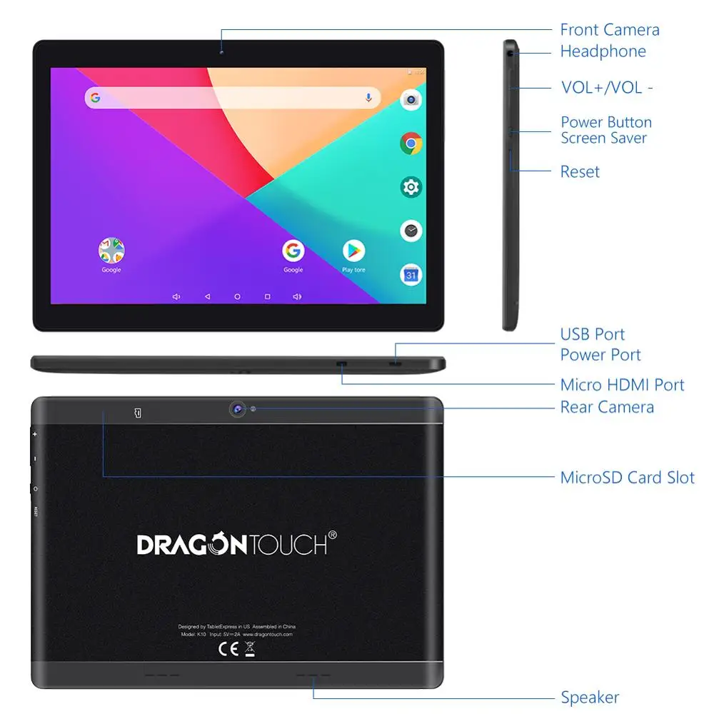 Dragon Touch K10 планшет 10 1 дюймов Android с 16 Гб четырехъядерный процессор 1280x800 ips HD Дисплей