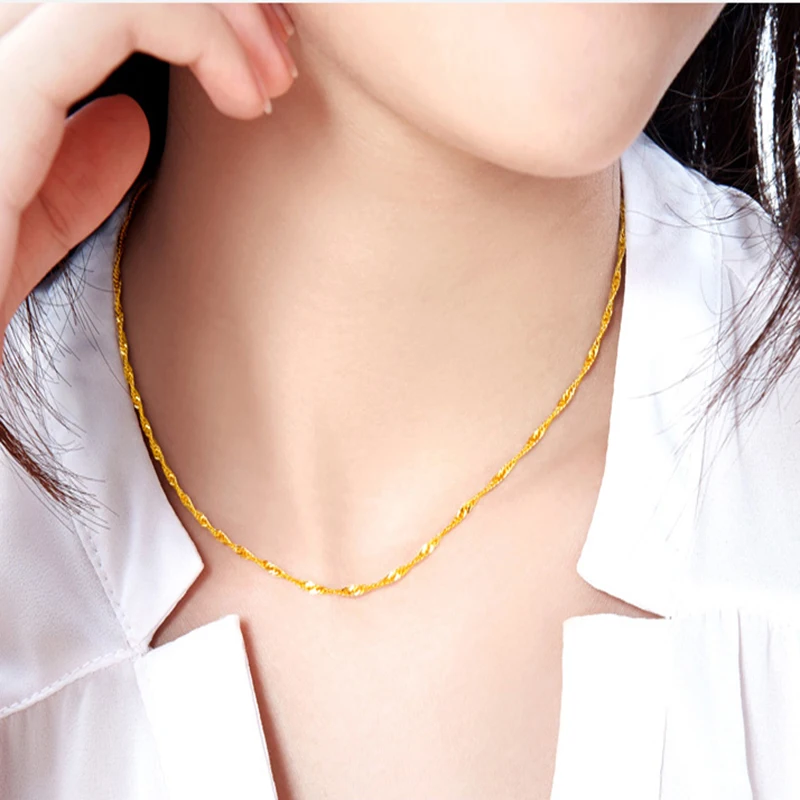 Women's Charming Simple Yellow Gold color Necklace Chain Jewelry Water-wave For Woman lady Size 45cm 2mm | Украшения и