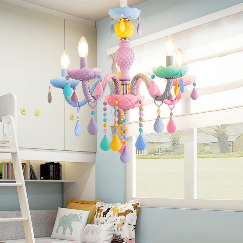 

Rainbow chandelier Children's room crystal chandelier American style princess bedroom lamp macaron hanging lamp for living room