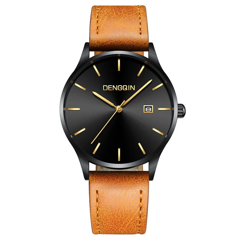 

Часы Мужские кварцевые аналоговые, люксовые повседневные наручные, с кожаным ремешком, из нержавеющей стали, с датой, с кожаным ремешком