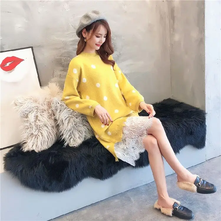 Женское трикотажное платье-свитер прямое платье средней длины в горошек