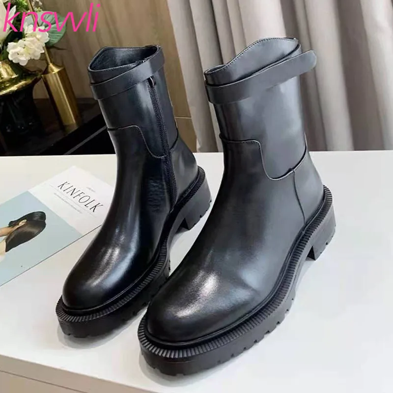 

Women Motorcycle Boots Genuine Leather Black Flats Short Boots Woman Casual Martins Boots Female Brand Shoes Femmes Bottes