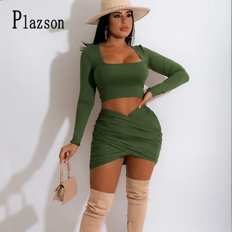 

Plazson 2022 Spring Autumn Two Piece Set Femme Long Sleeve Crop Top And Mini Skirt Ruched Women Sexy Club Outfit Party Suit