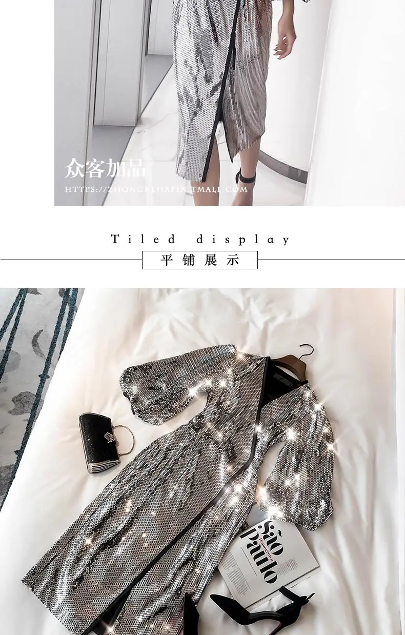 

dress for women 2020 Spring and Autumn Mid-length new elegant lace-up slim split high waist nine-quarter sleeve sequined