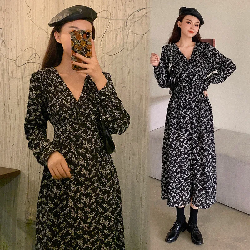 

2023 Elegant Waist V-neck Floral Dress Spring Autumn Dresses Women's Clothes New Large Size Split Temperament Dress F018