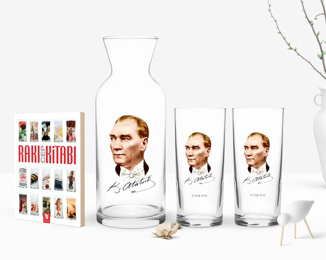 

Персонализированные Цветные принты Ататюрк тематические двойной Arrack чашки графин и карманная книжка подарок Seti-15