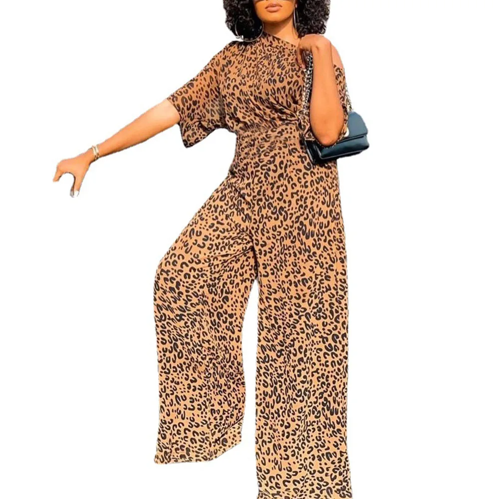

Europe America Fashion Sexy Leopard Loose Casual Oblique Shoulder Jumpsuit Summer Oversize African Summer 2021 Wide Leg Pants