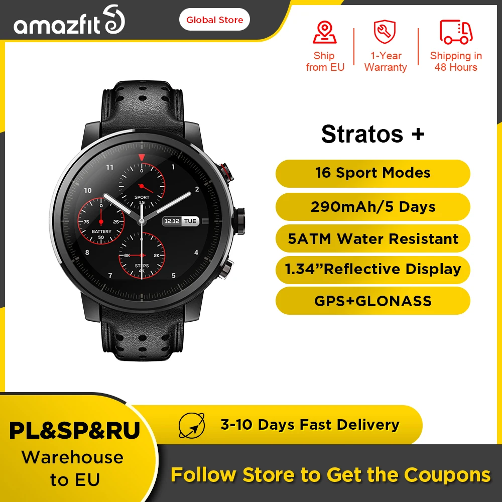 

100% Original Amazfit Stratos + Flagship Smart Watch Genuine Leather Strap Sapphire Glass Flourorubber Strap for Android Phone