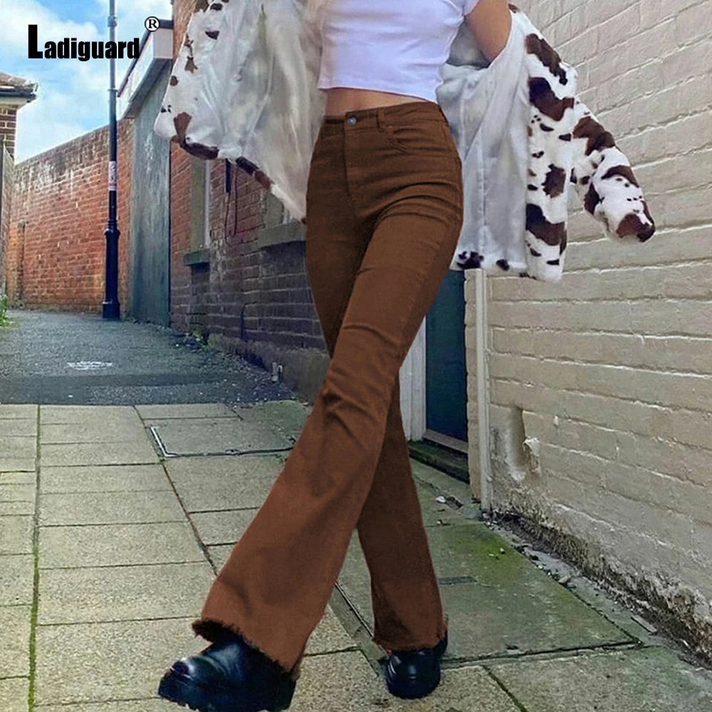 Ladiguard Women's Boot Cut Jeans Fashion Zip Pocket Denim Pants High Waist Trouser Vintage Jean Flare Pants Vaqueros Mujer 2021