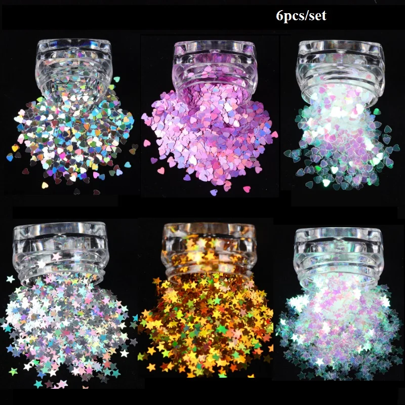 6 коробка сладкая любовь сердце звезды ногтей блестками партия цвет серебристый