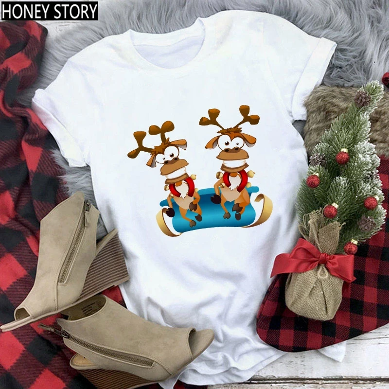 

Cute Santa Claus and Reindeer Print T-Shirt Unisex Harajuku Merry Christmas Tee Women Loose Size Casual New Cartoon Tops