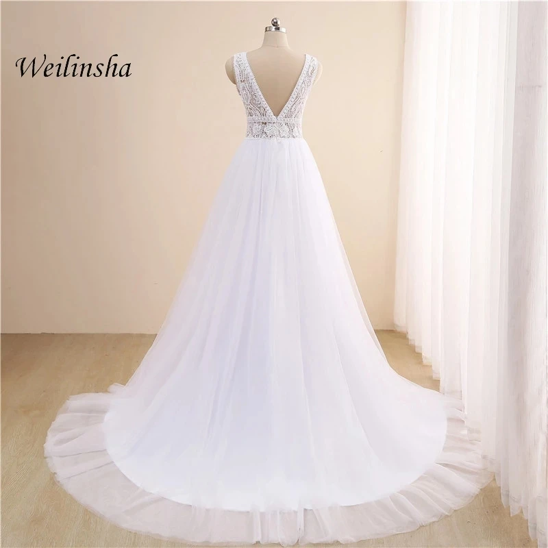 

Vestidos Sexy Wedding Dresses Organza Illusion Appliques Slide Split V-Neck Sleeveless Backless A-Line Bridal Gowns Novia Do