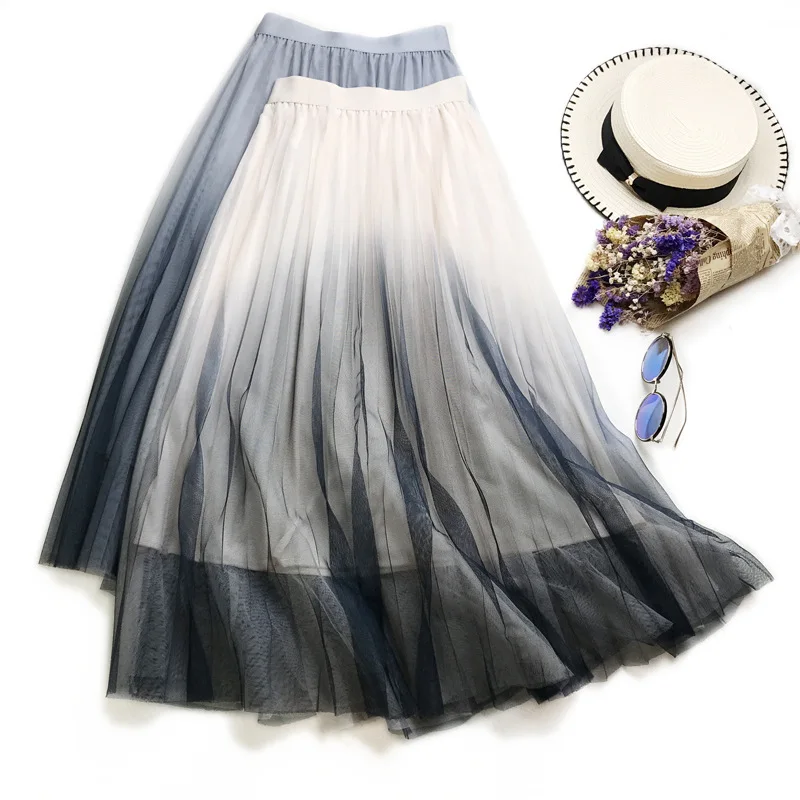 Длинная фатиновая юбка женская градиентная цветная 2020 Весна Лето Корейская