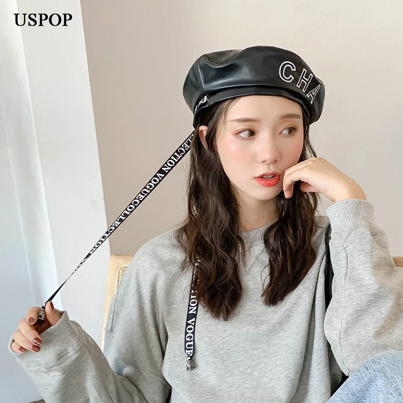 Женский берет из искусственной кожи USPOP Зимний с лентами и буквами 2019 | Аксессуары