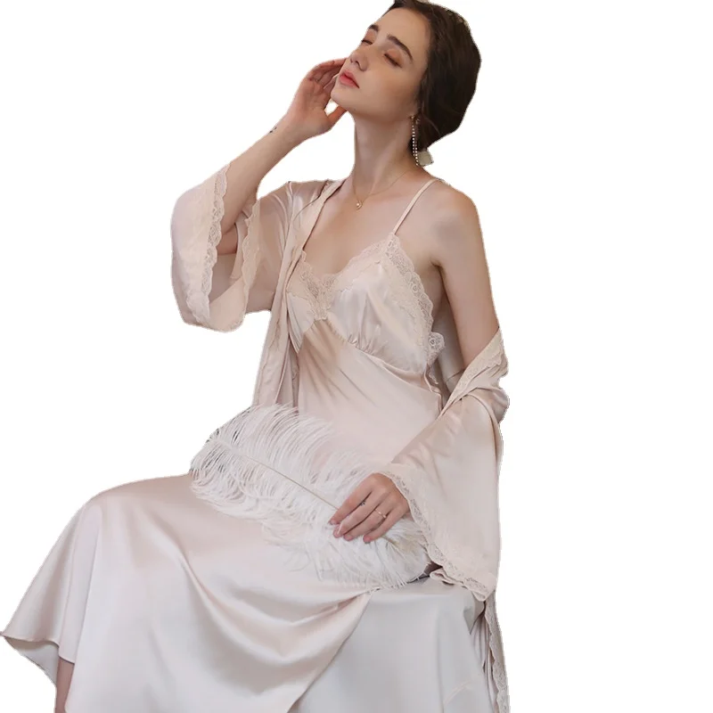 

Women's sexy nightdress two-piece new ice silk sling lace pajamas in long summer home sleepwear