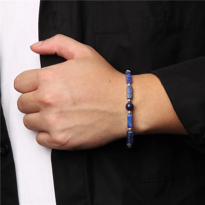 

Fashion Square Cuboid Natural Stone Bangle Tiger Eye Lapis Lazuli Silver Color Ball Spacer Beads Bracelets For Women Men Jewelry