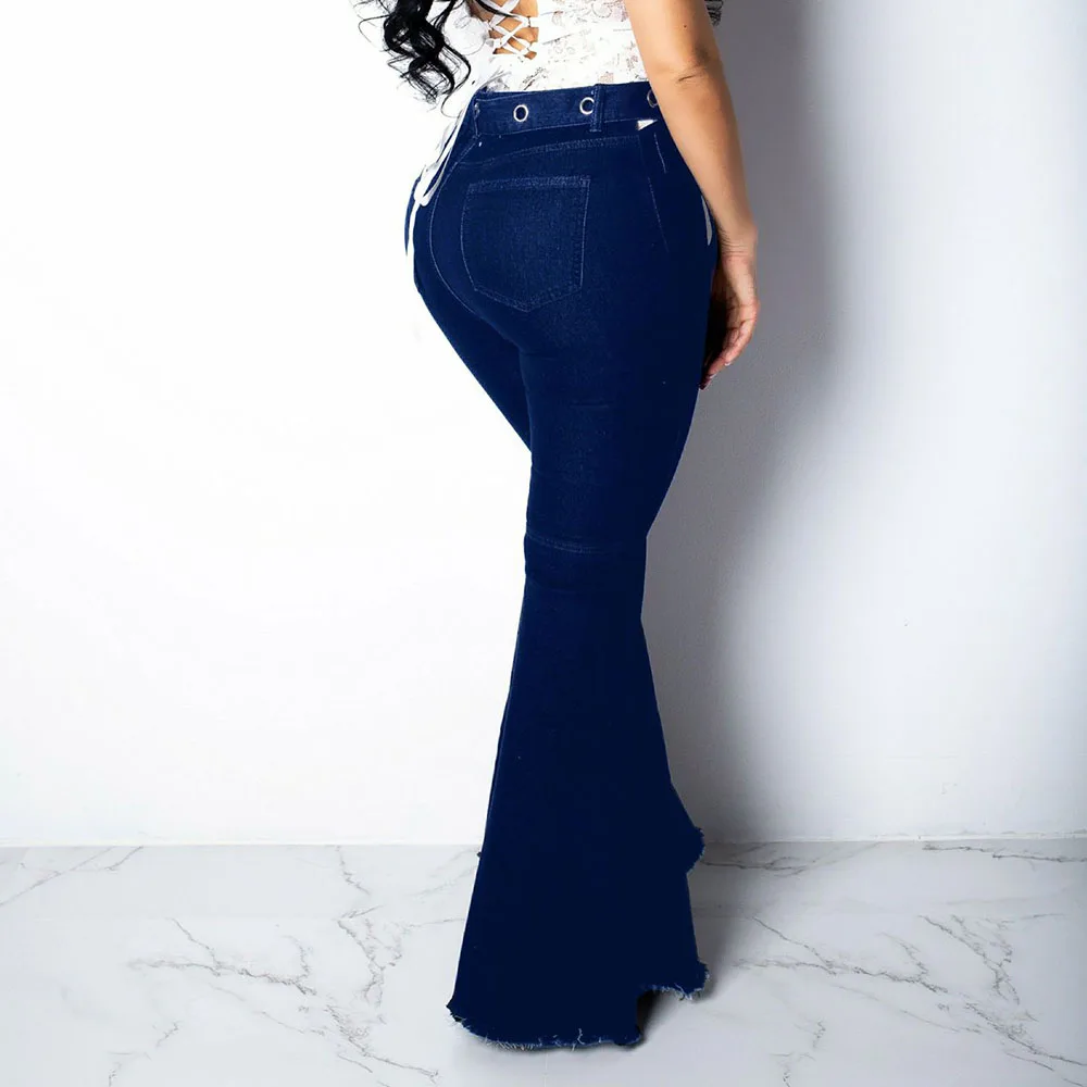 Women Autumn Elastic plus size Loose Denim Pocket Button High Waist flare jeans ladies Casual bell bottom Pants wide leg |