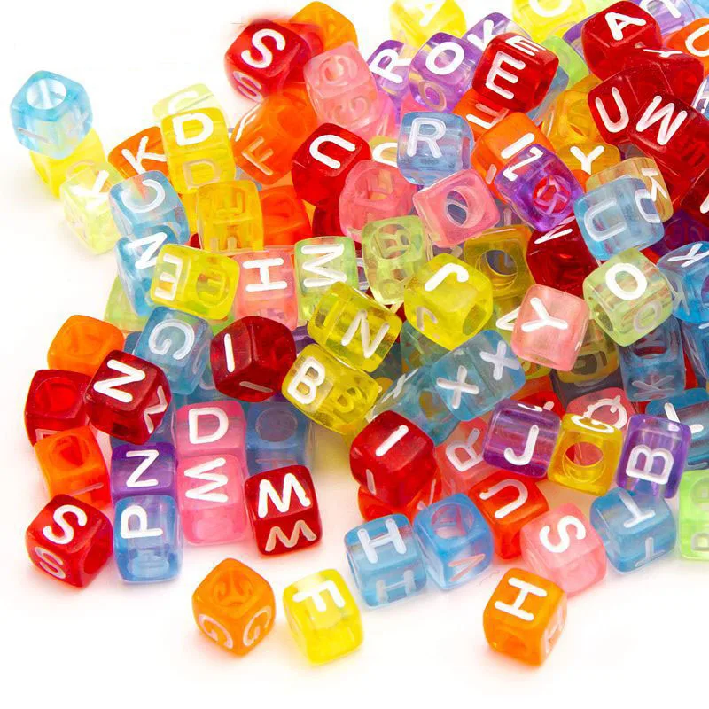 

Transparent Colors Cube Acrylic Letter Beads 7*7mm Big Hole Plastic Alphabet English Initial Jewelry Spacers A-Z 1900pcs