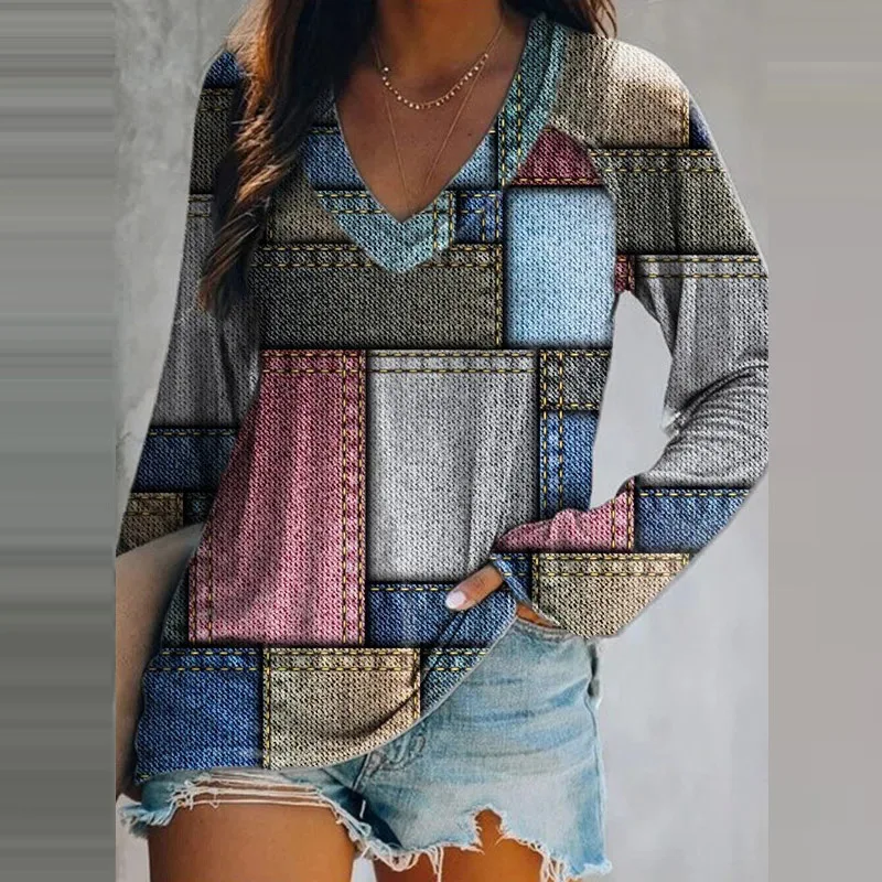 

Блузка женская Свободная с V-образным вырезом, повседневный винтажный топ в стиле пэчворк, элегантная осенне-Весенняя пуловеры