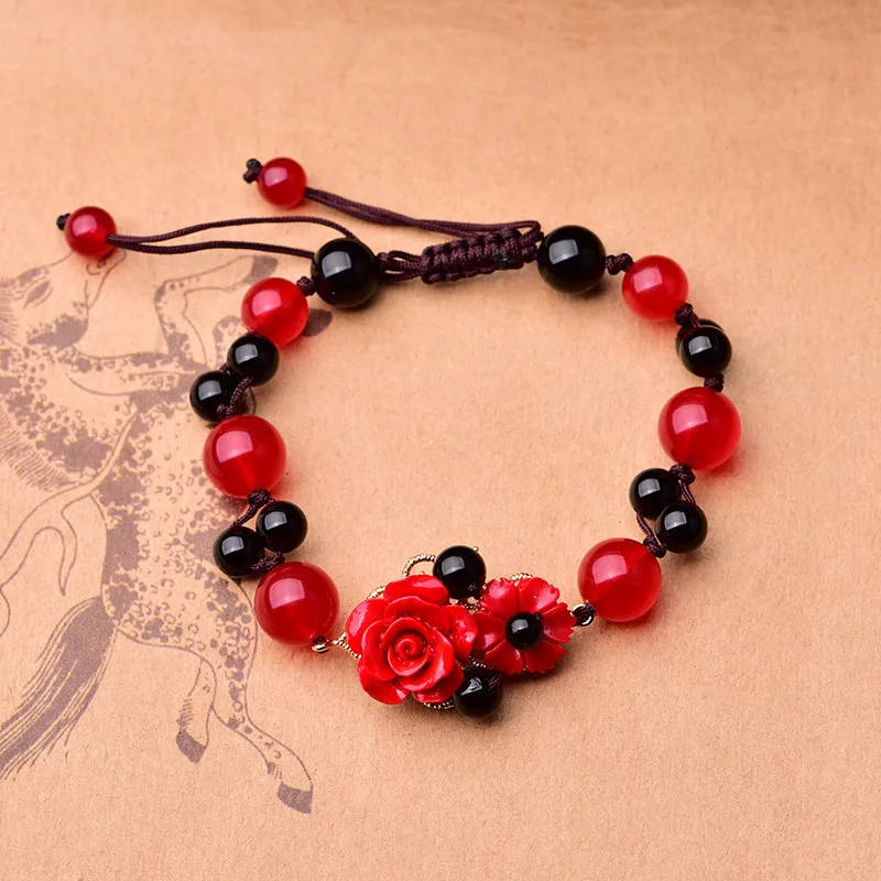 Hand Knitted Vintage Black Onyx Beads Strand Bracelet Classical Cinnabar Synthetic Flower Charm Bracelets Woman Jewelry Gift | Украшения и