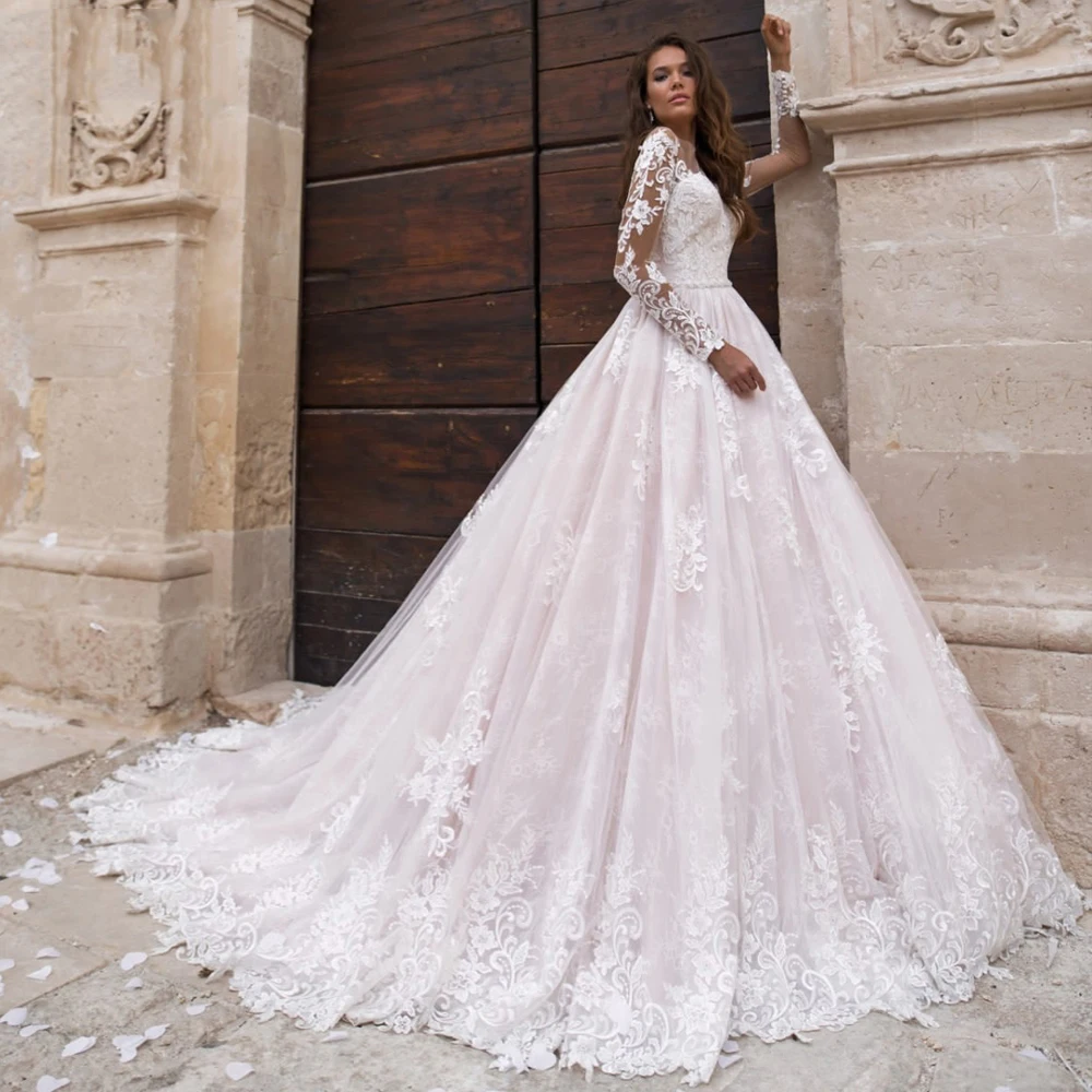 

Тюль с длинным рукавом Кружевное Свадебное платье трапециевидной формы для невесты женское свадебное платье с глубоким вырезом с прозрачными пуговицами