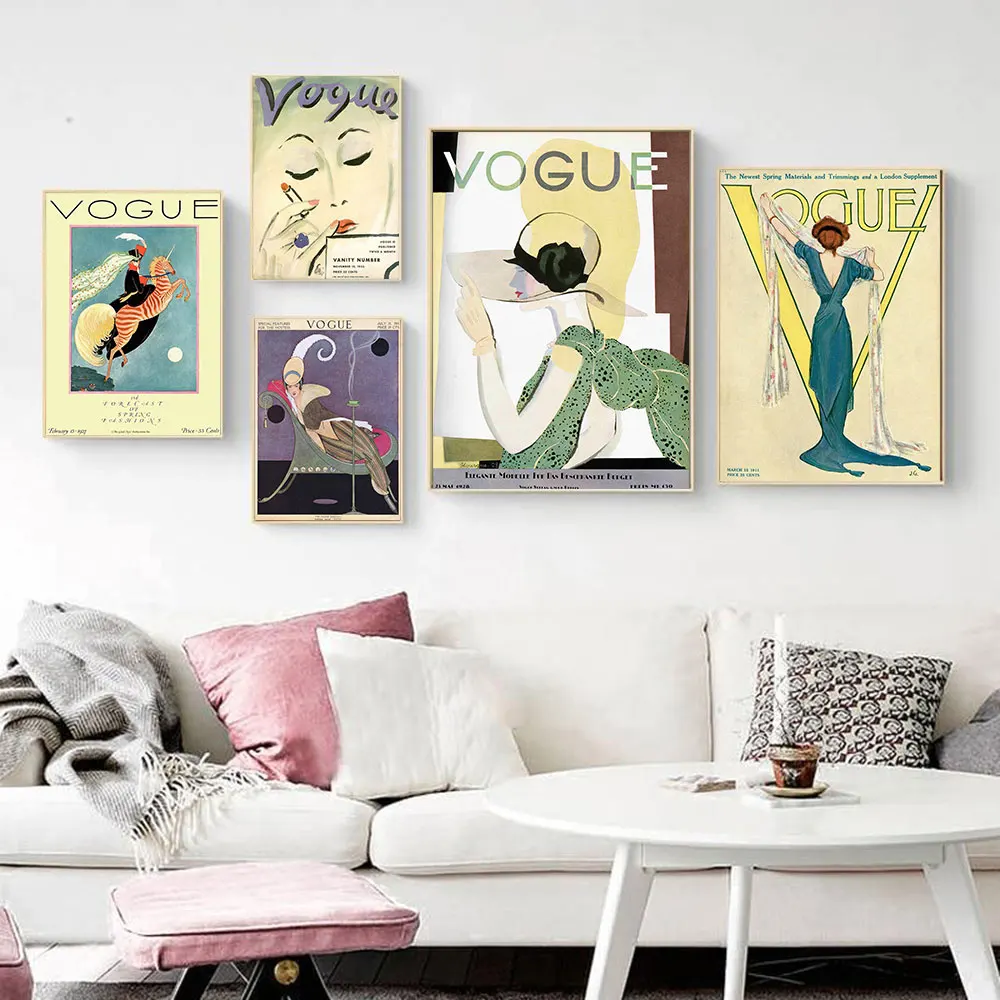 

Modern Fashion Female Poster Vogue Magazine Abstract Canvas Paintings Retro Vintage Poster Pictures for Home Design Loft