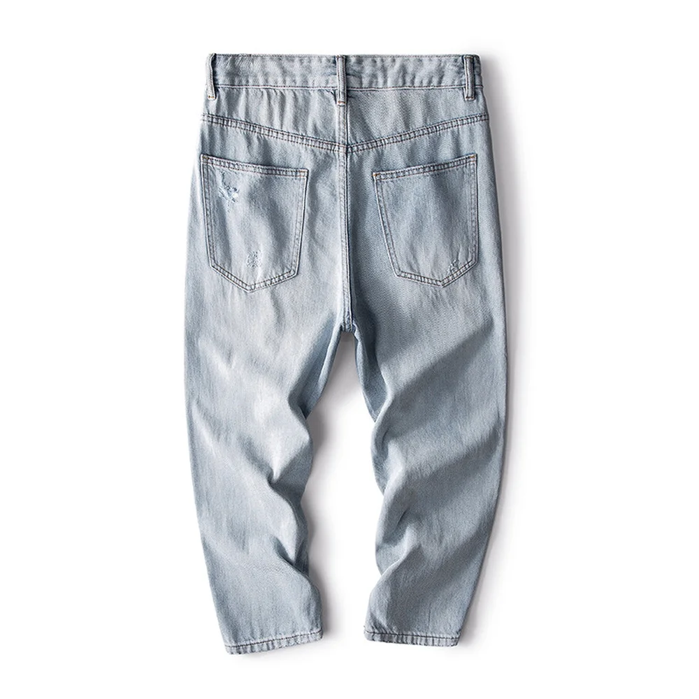 Light-colored 9-point Jeans Men Loose Hole Trend Wild Casual Pants Boys Nine-point Pants Spring Thin Section Denim Jean Ripped