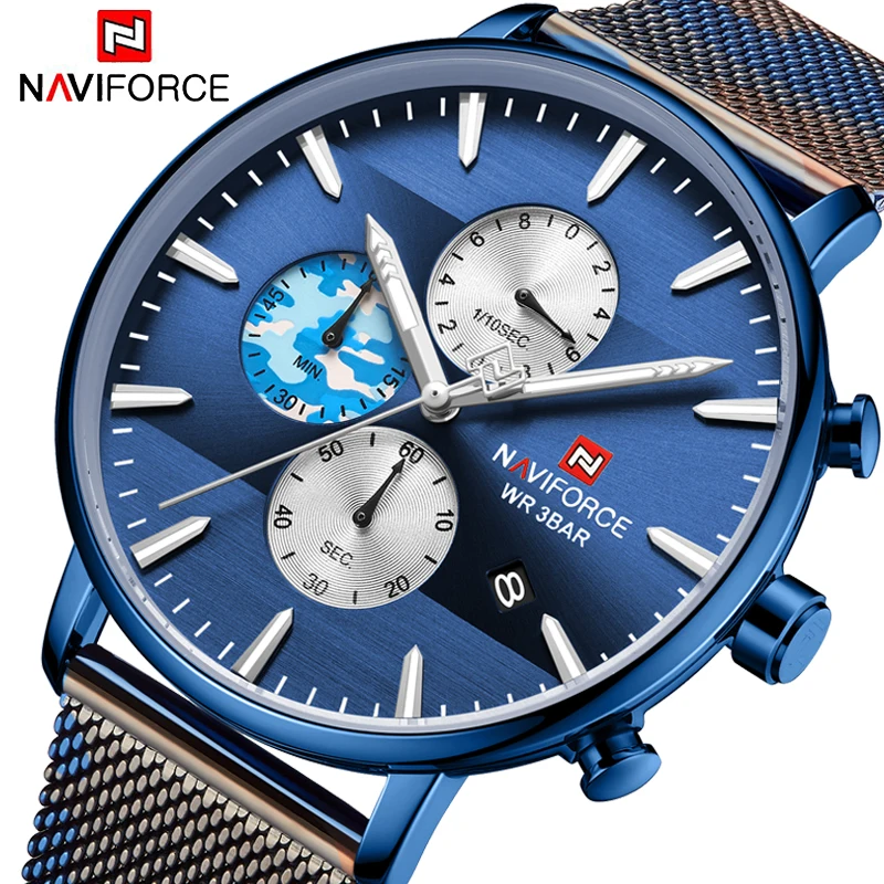 

Мужские деловые часы NAVIFORCE, водонепроницаемые кварцевые часы с 3 маленькими циферблатами, хронографом и календарем, из нержавеющей стали