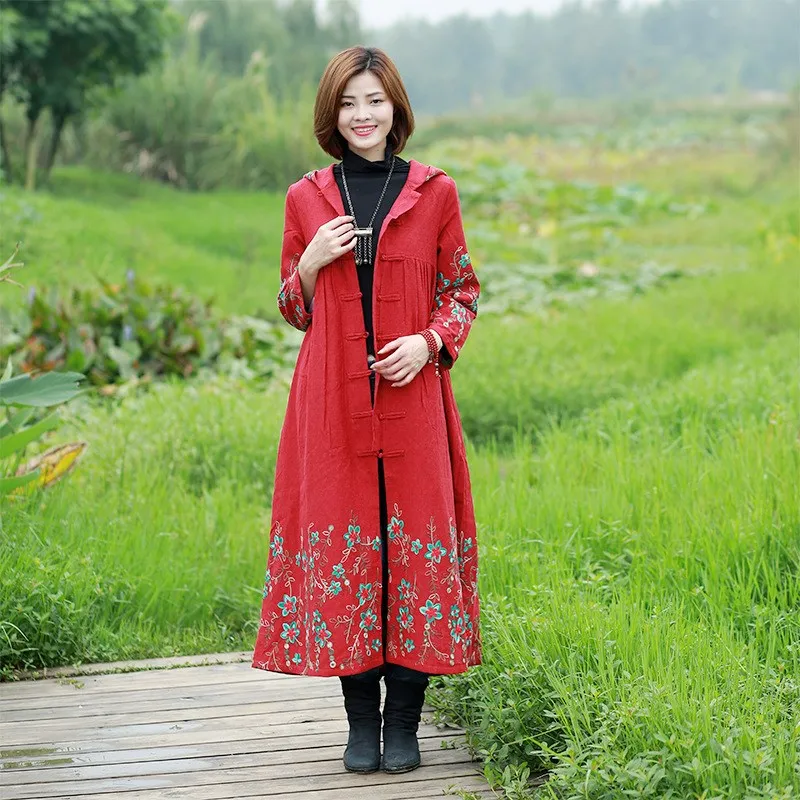 Винтажные женские хлопковые пальто китайский длинный плащ ветровка с капюшоном