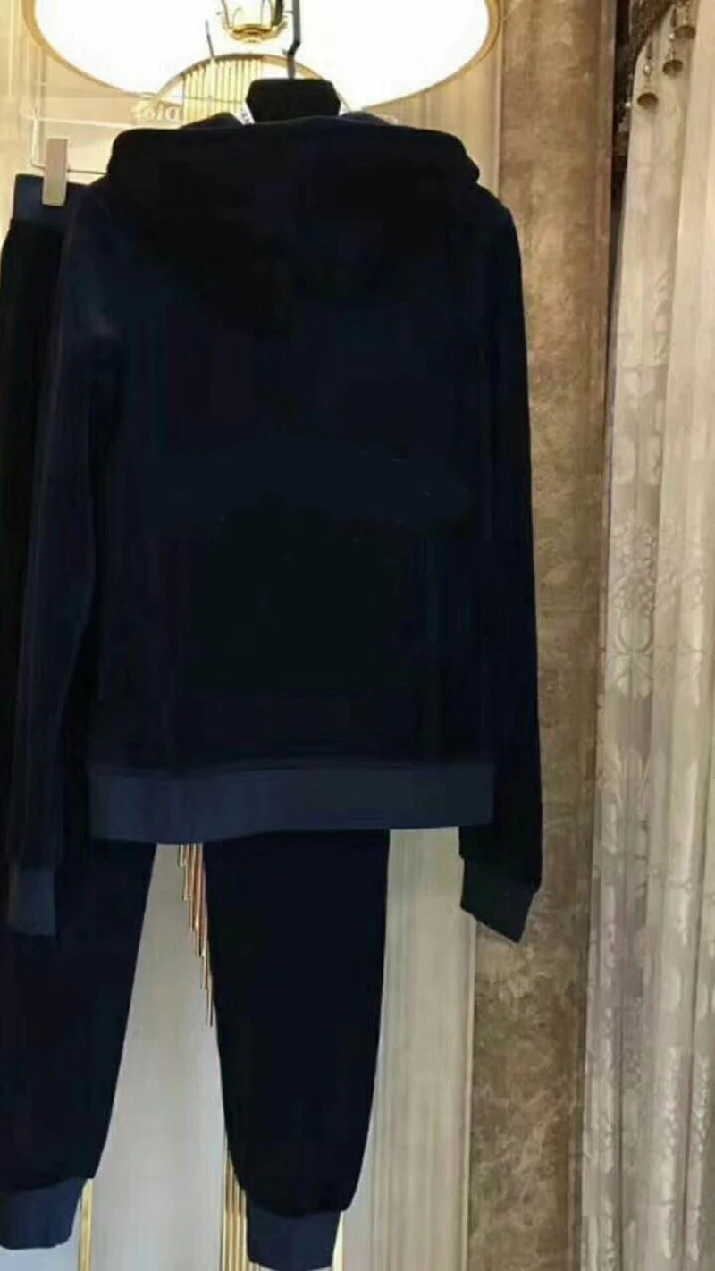 

Luxury Brand Women Sporting Suits Set Navy Blue Black GreenRed Velvet Casual Tracksuits Hooded Collar Spring Sportswear Suit New
