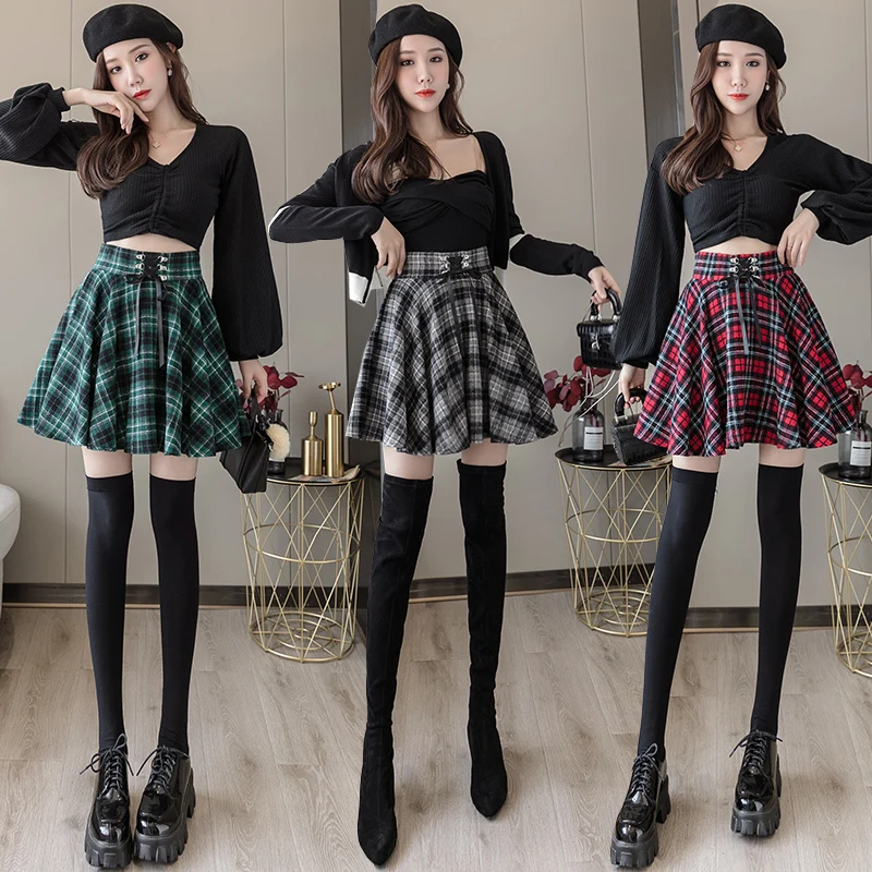 

New Fashion High-Waist Plaid Skirt Women 2021 Autumn And Winter Woolen Vintage A-Line Mini Skirt Female Faldas Cortas