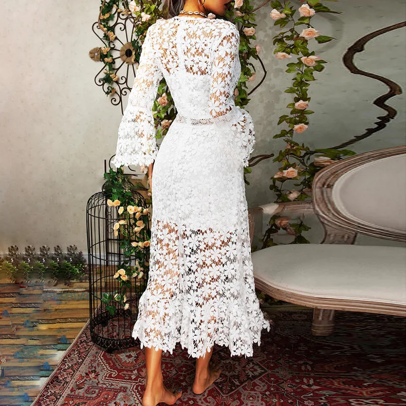 

2021 women summer hollow dress sexy see-through lace long-sleeved V-neck large-length one-piece dress female Hook flower hollow