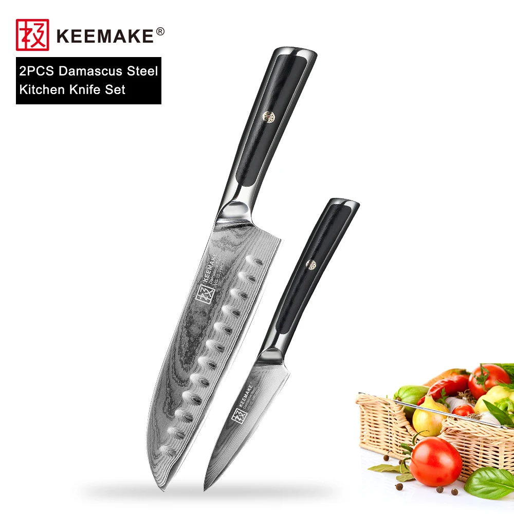 

Универсальный нож KEEMAKE Santoku, японская бритва из дамасской стали VG10, острый нож для мяса, поварской инструмент, Ручка G10, набор из 2 кухонных ножей