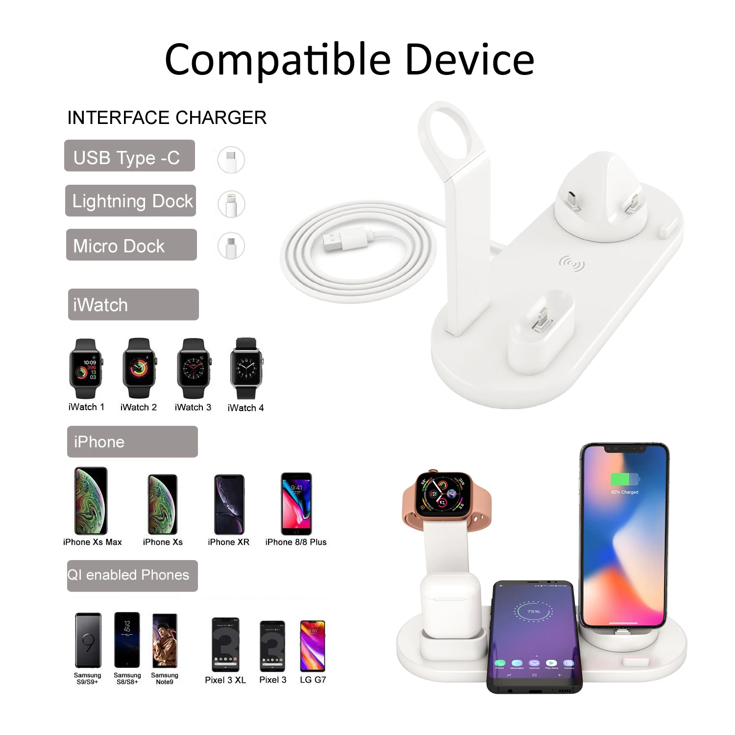 Bluetooth Headset Charger 4 In 1 Upgrade Wireless Phone Charging Base Watch Multi-function Bracket | Электроника