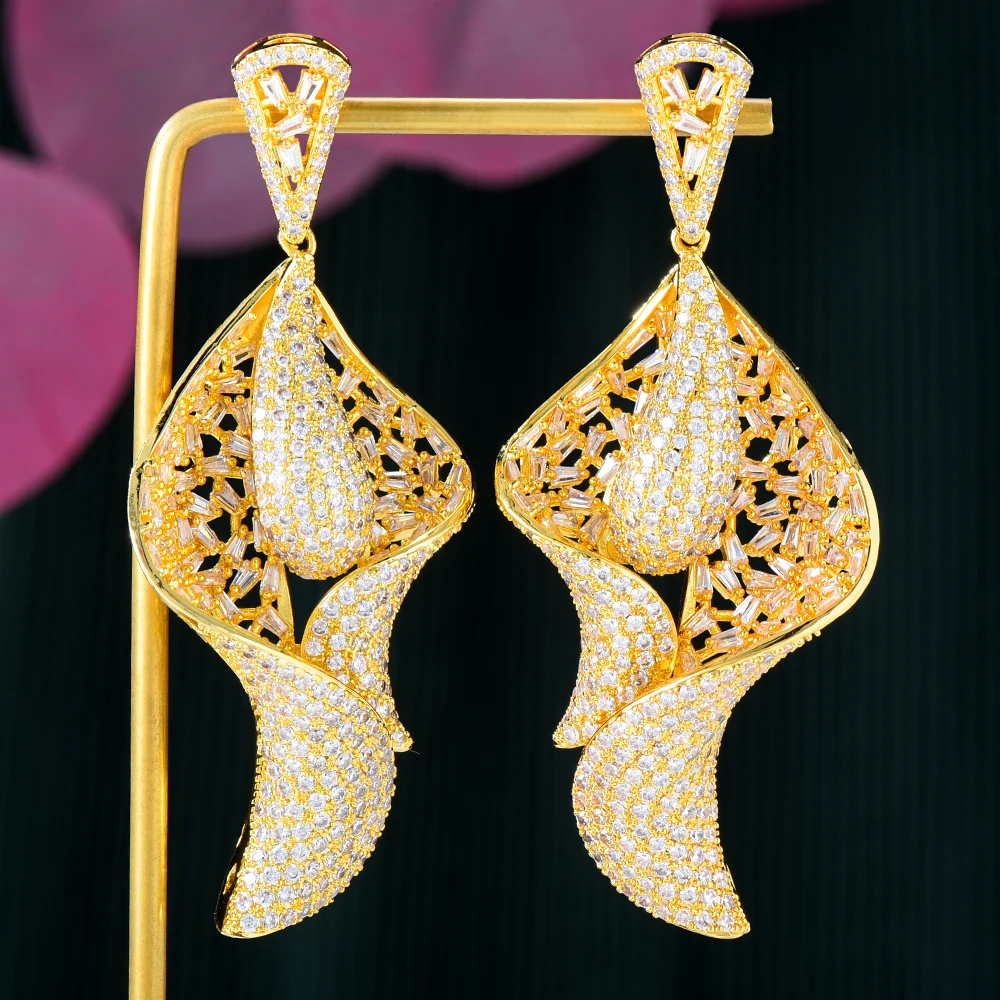 

SisCathy Arabic Dubai Luxurious Cubic Zirconia Gold Fashion Hanging Earrings for Women Weddings Banquet Party Jewelry Female