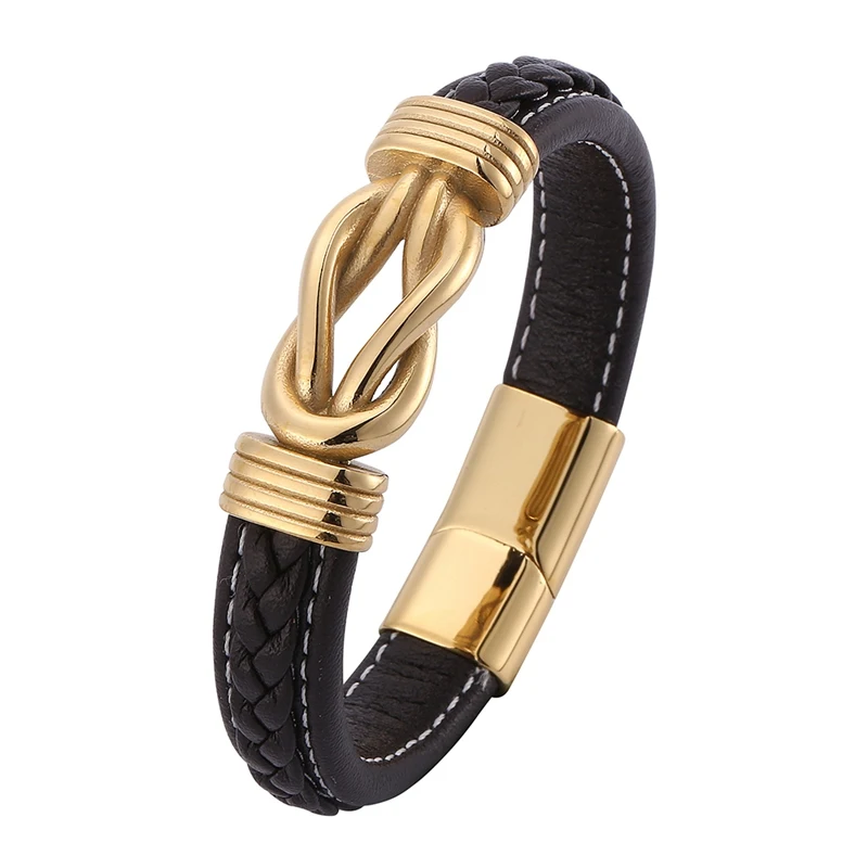 

Trendy Men Jewelry Brown Leather Bracelets Handmade Irregular Winding Graphic Stainless Steel Magnet Clasp Bracelet Gifts PD0768