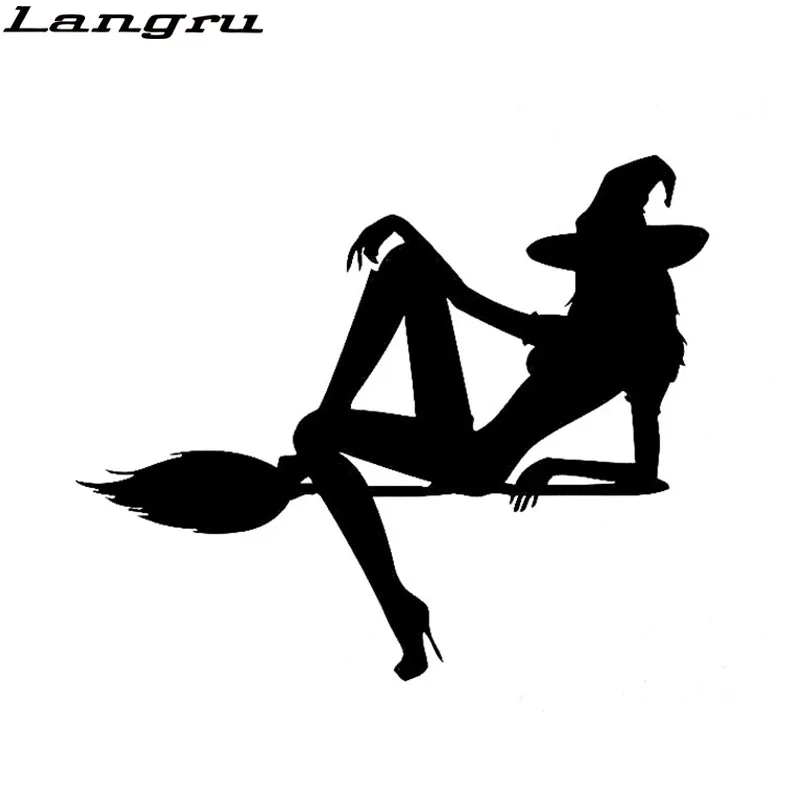 Langru 16cm*13.3cm Vinyl Decal Hot Sexy Female Beauty Halloween Witch Broom Car Sticker Accessories Jdm