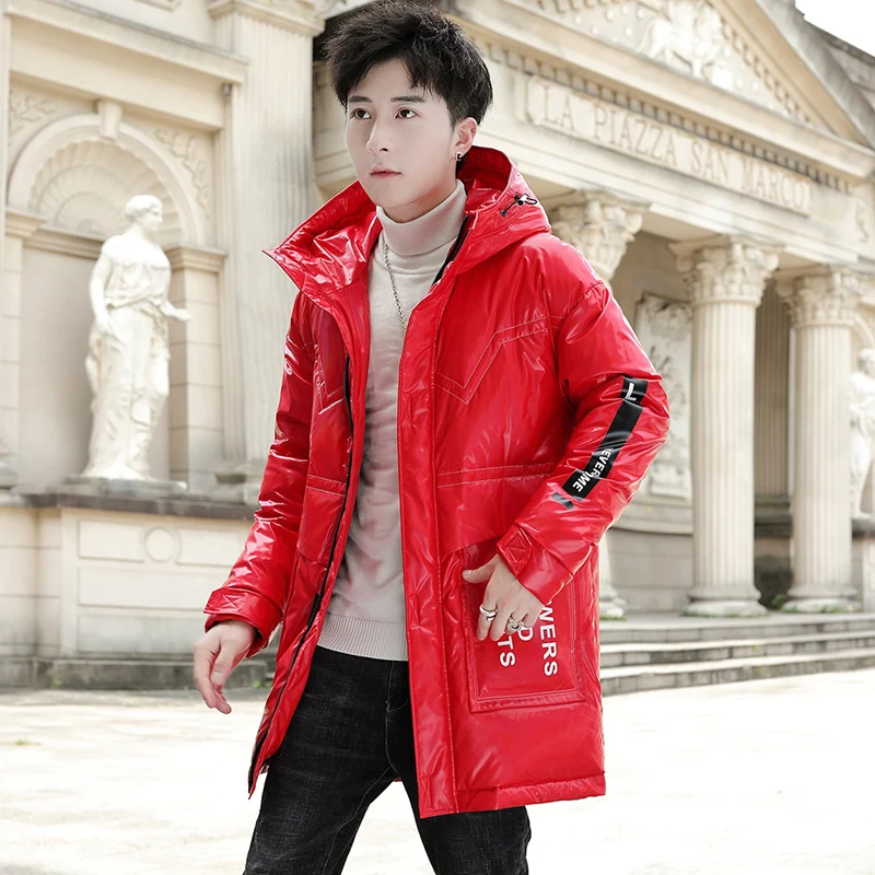 Fashion Mens 2022 Winter Casual Glossy Hooded White Duck Down Jacket Thick Warm Outwear Shiny Long Down Coat Youth Parka Clothes