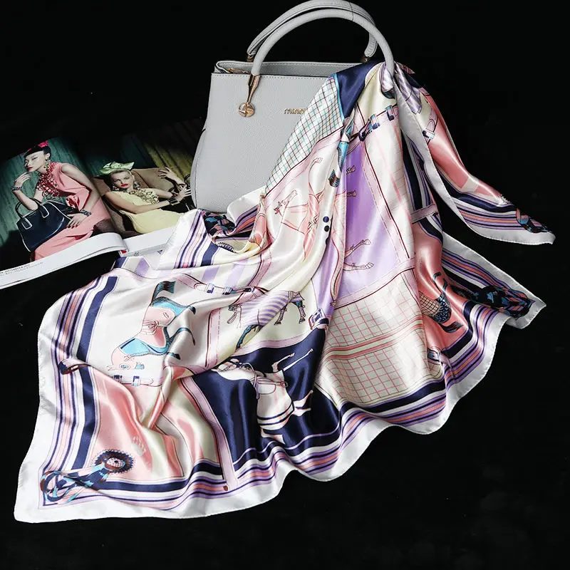 Шелковый Атласный шейный шарф для женщин 90*90 см платок с цветочным принтом