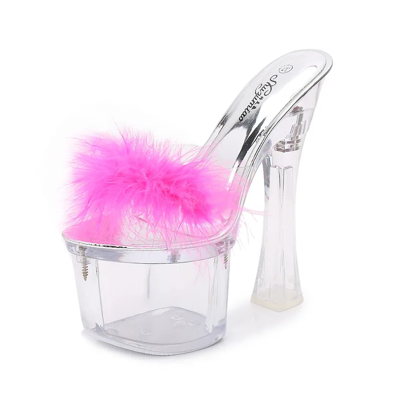 

Platform Slippers Female Shoes Women Summer Shoes Transparent Fur Waterproof Ladies ShoesSexy High-Heels