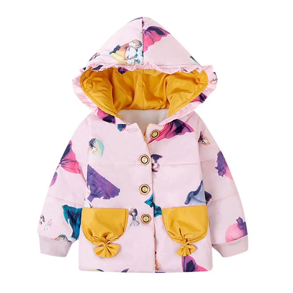 Детская зимняя теплая куртка пуховик на пуговицах с мультипликационным принтом