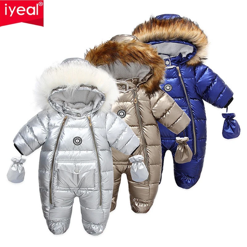 IYEAL Toddler Baby Girls Boys Double Zipper Down Cotton Jumpsuits with Gloves Kids Winter Snowsuit Coat Romper Overalls Outfits