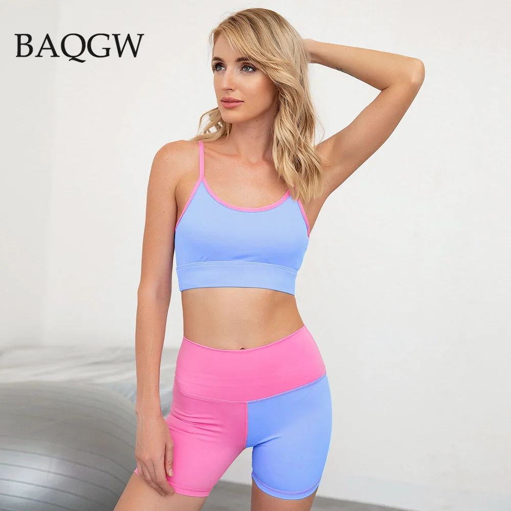 

Летний цветной Топ без рукавов + велосипедные шорты женская спортивная одежда тренировочный комплект из двух предметов Повседневная Спорт...