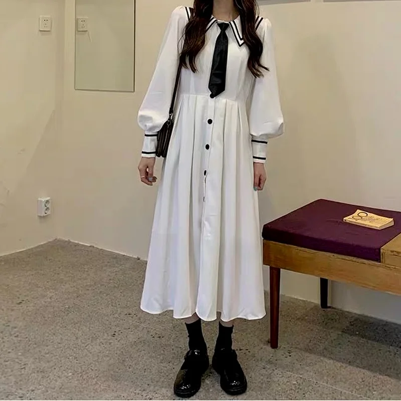 

QWEEK Harajuku Long Sleeve White Dress Women Preppy Style Sailor Collar Japanese Streetwear Vintage Student Uniform Clothes 2021