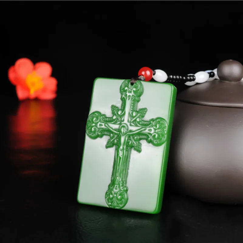Ожерелье с подвеской-крестом из натурального зеленого китайского нефрита модные