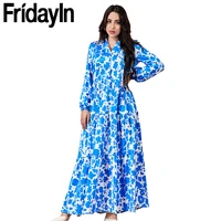 new woman plus size autumn long sleeve blue vintage shirt dress flower printed lady casual dress robe loose style